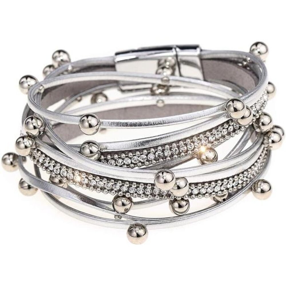Womens Leather Bracelet Magnetic Clasp Multilayer Braided Beaded Rhinestone